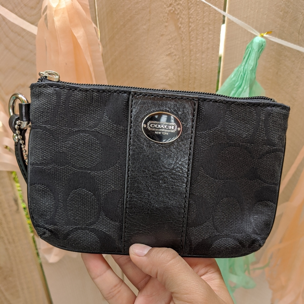 Black Coach Legacy Signature Small Coin Purse Wallet Zip Logo